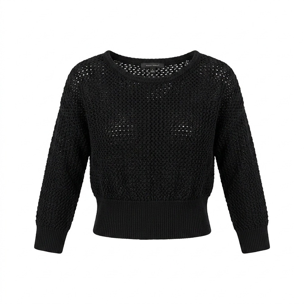 White House Black Market Black Open Knit Crochet Sweater Dolman Sleeve Large
